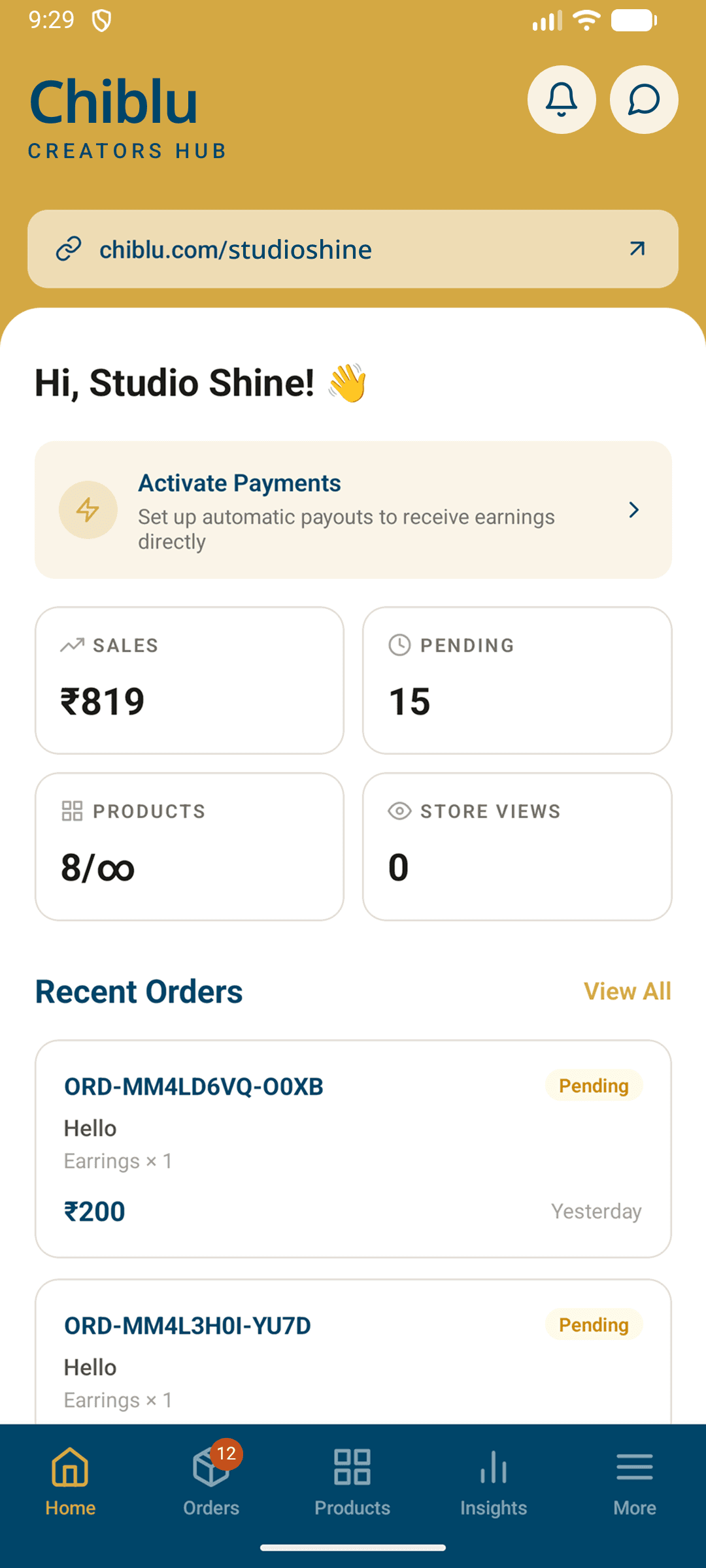 Chiblu Seller App Dashboard screen